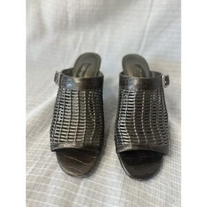 Brighton Pewter/Silver Woven Reed Slide Open Toe Heel Sandal Leather Size 9